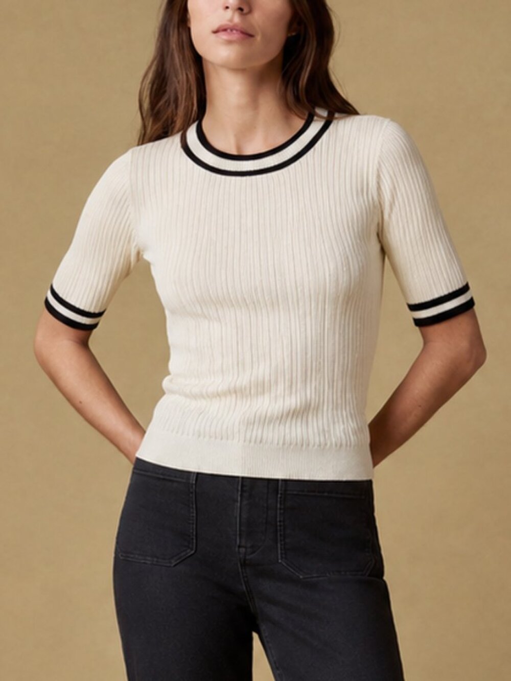 Faherty Ivory Cotton Cashmere Ribbed Short Sleeve Top Size L